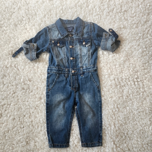 Souris Mini Denim Baby Jumpsuit 6-9M Blue Jean Overalls Romper with Dog Patch - Picture 2 of 12